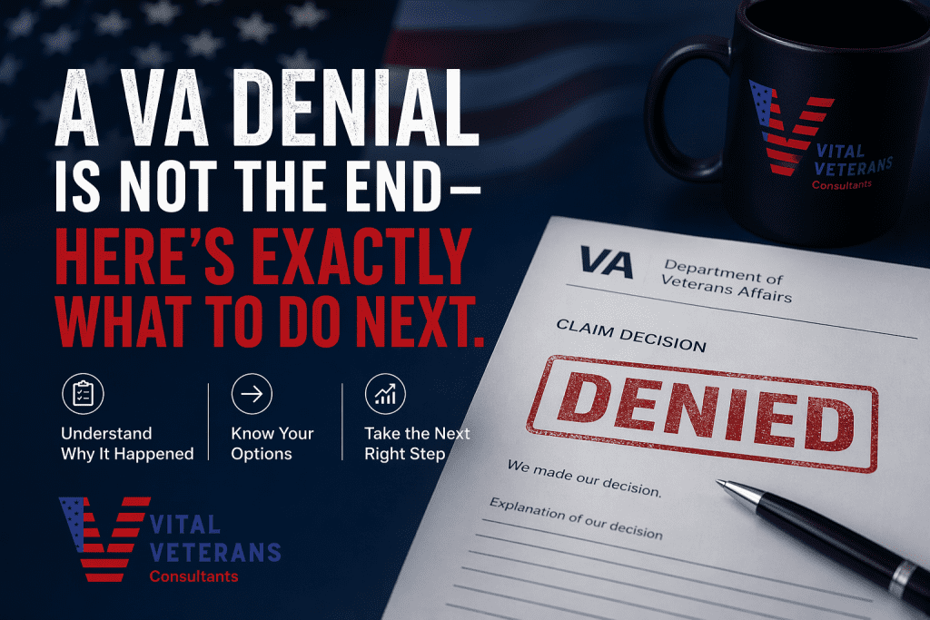VA disability claim denied letter with Vital Veterans Consultants branding and guidance on next steps after a VA denial