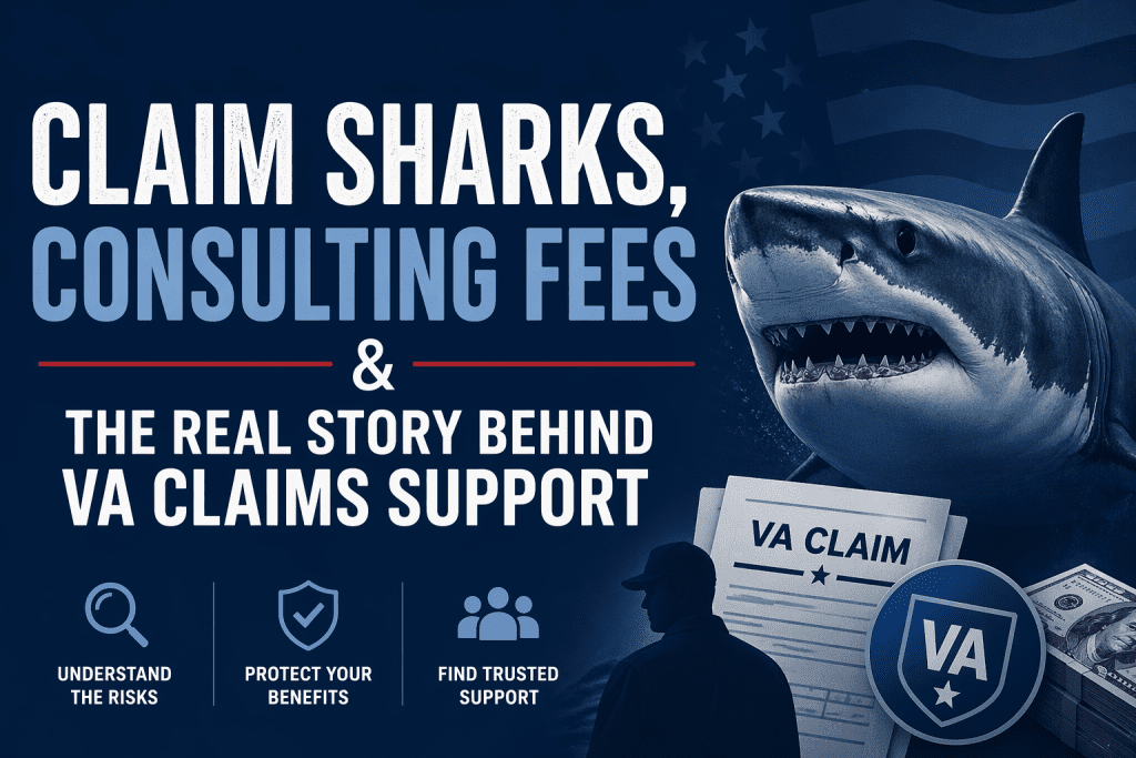 Illustration of claim sharks and consulting fees in VA disability claims showing risks of non-accredited VA consulting and veteran benefits services
